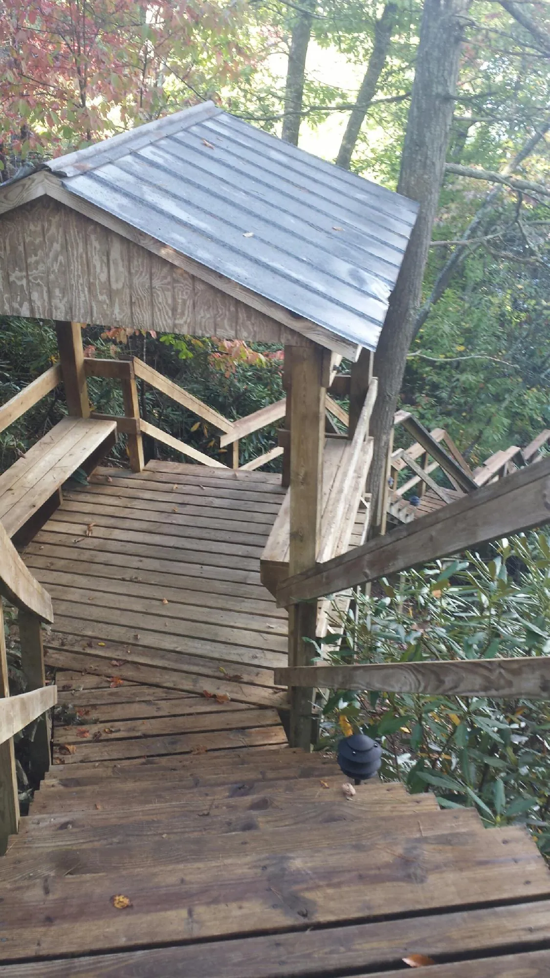 Metal roofed shelter over wooden steps on a wooded walkway — Skylight Repair & Installation work by our crew in Green Valley